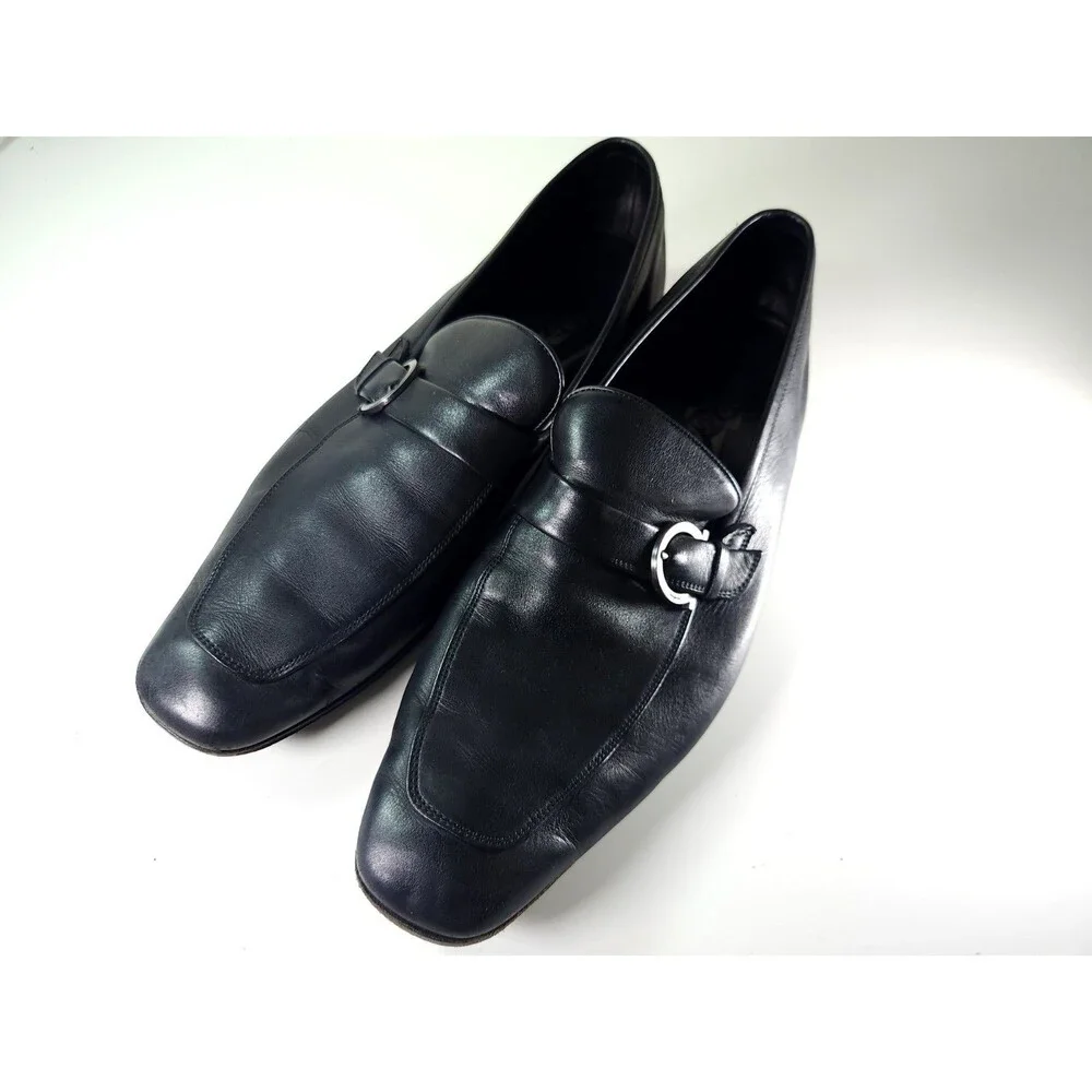 Salvatore Ferragamo Men Gancini Black Leather Side Buckle Loafers 10.5 D 61VF